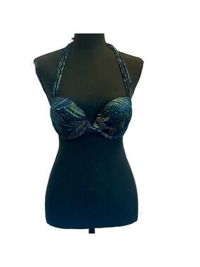 Victoria’s Secret navy blue green tropical leaf print rhinestone bikini top